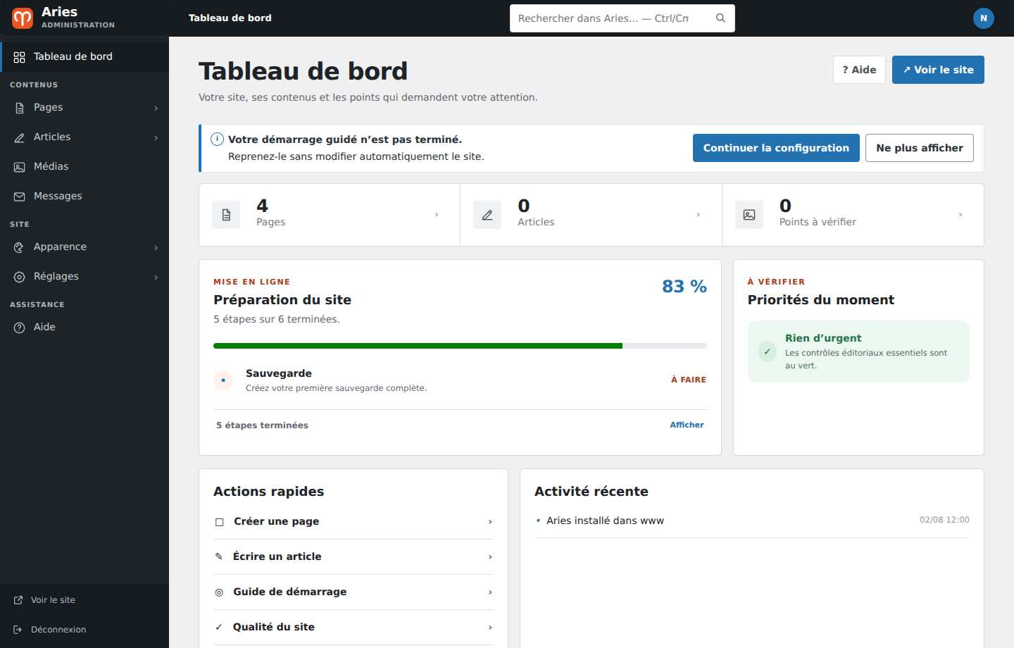 Le tableau de bord Aries avec les accès aux pages, aux articles et aux médias.
