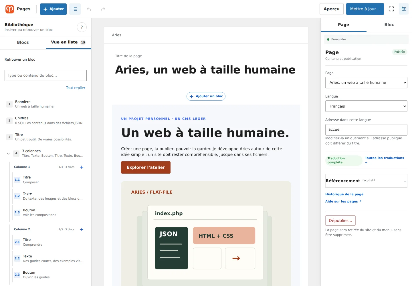 Aries RC13 : titre du document au-dessus du canevas, blocs et réglages.